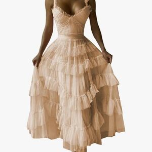 Women's Tiered Tulle Dress Spaghetti Straps Ruffle V Neck Evening Gown A-Line